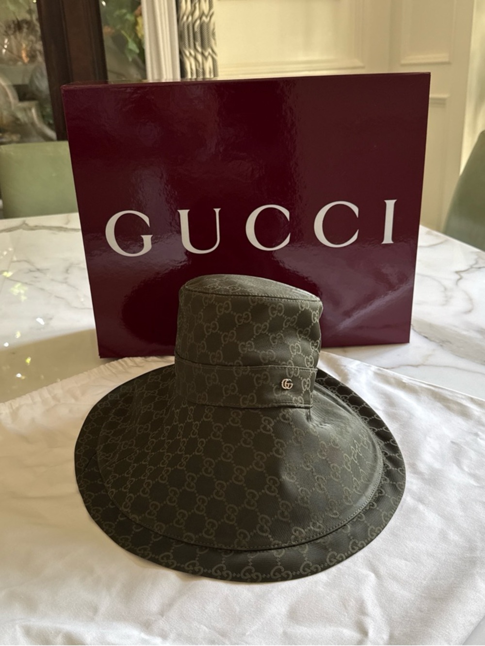 Gucci Olive GG Canvas Wide-Brim Bucket Hat with Gold GG Charm